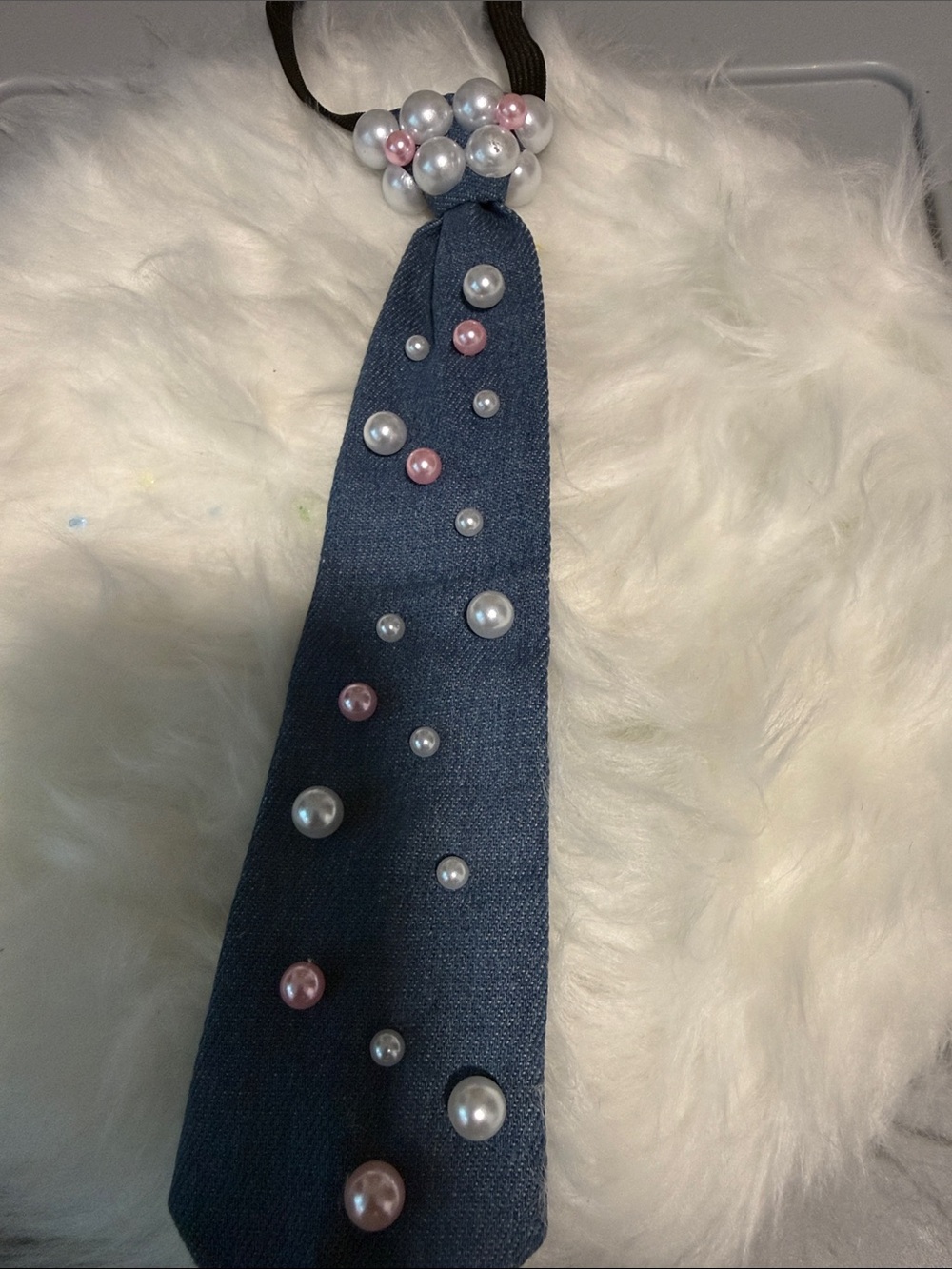 Pearl-Embellished Denim Hair Tie